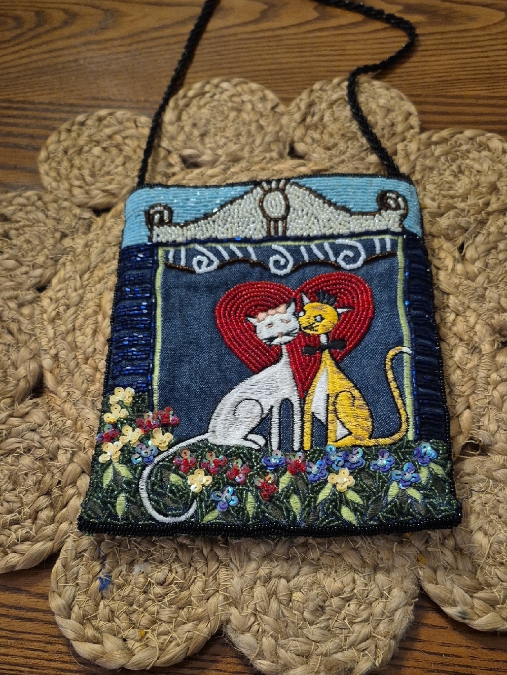 Whimsical Beaded Cats Heart Crossbody Bag - Multicolor